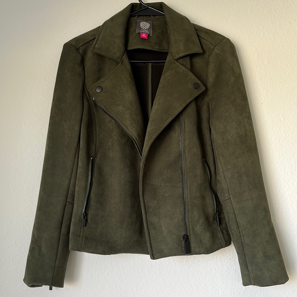 Vince Camuto Faux-Suede Scuba Moto Jacket in Olive, Size XS